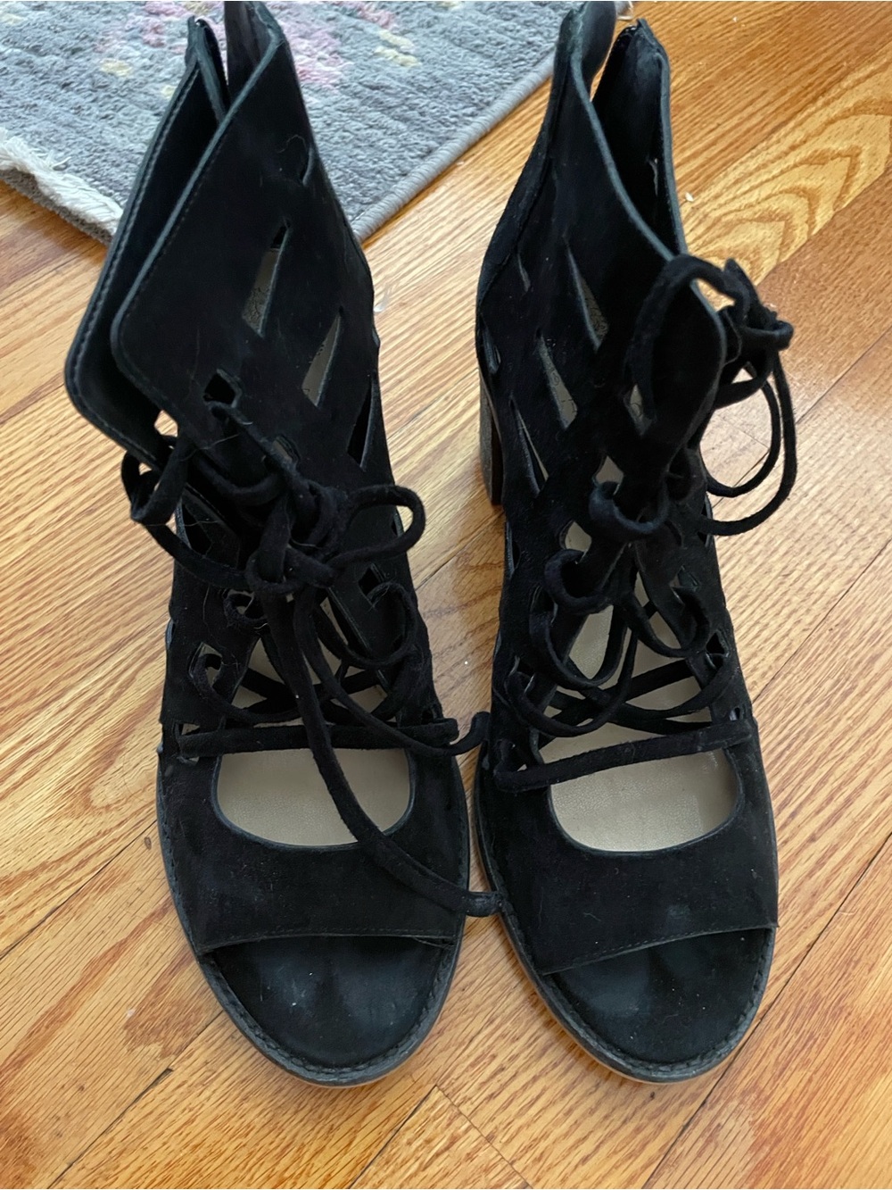 Vince Camuto Black Lace-Up Cutout Heeled Sandals